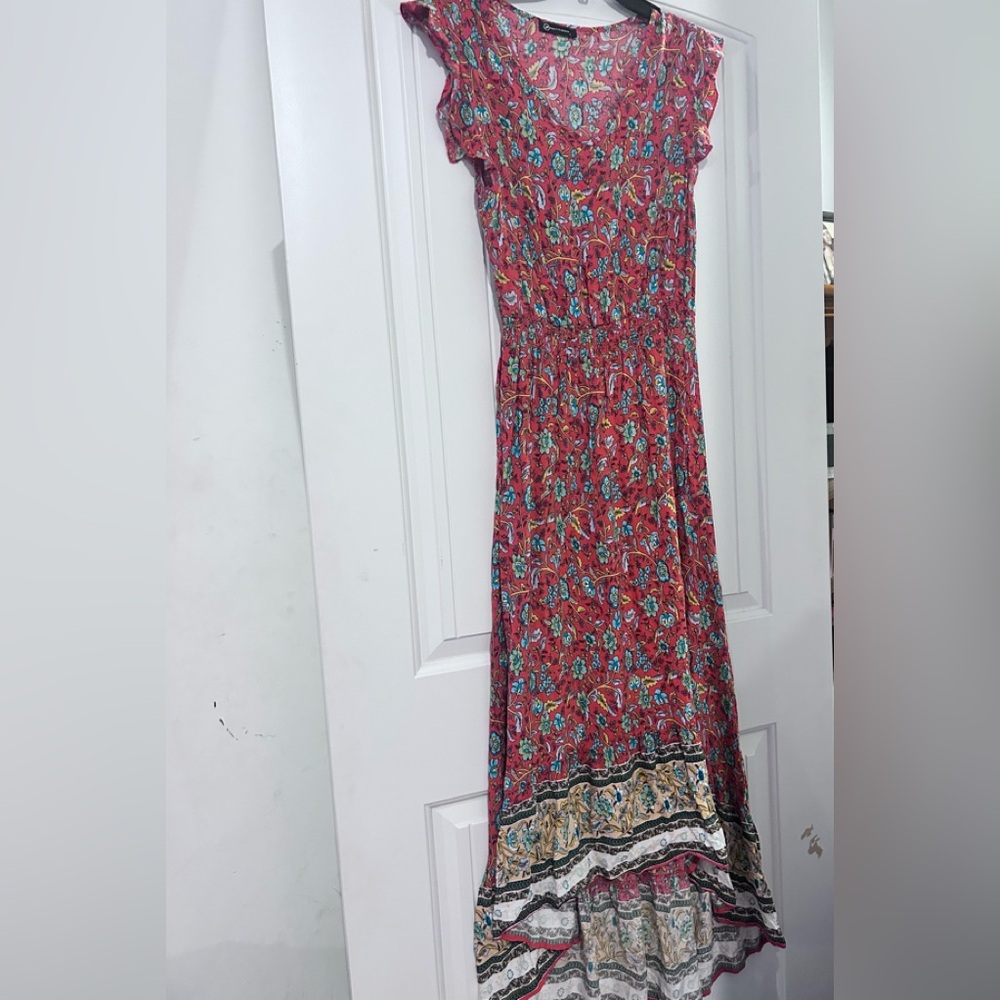 Floral Paisley Red Maxi Dress with Border Detail